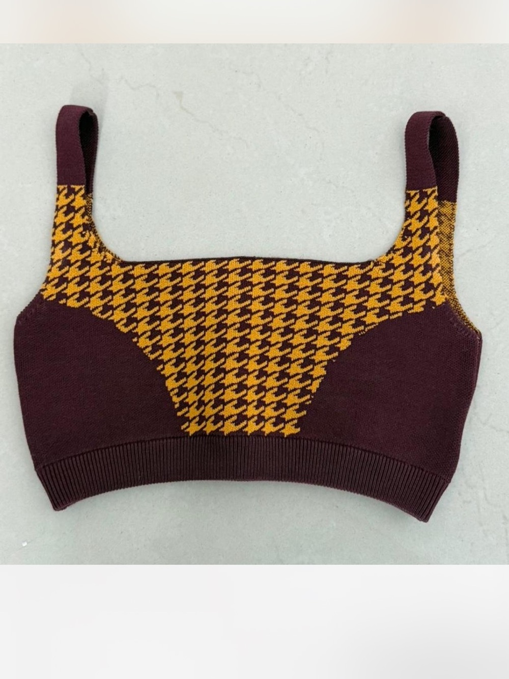 Nagnata Maroon and Mustard Houndstooth Knit Crop Top